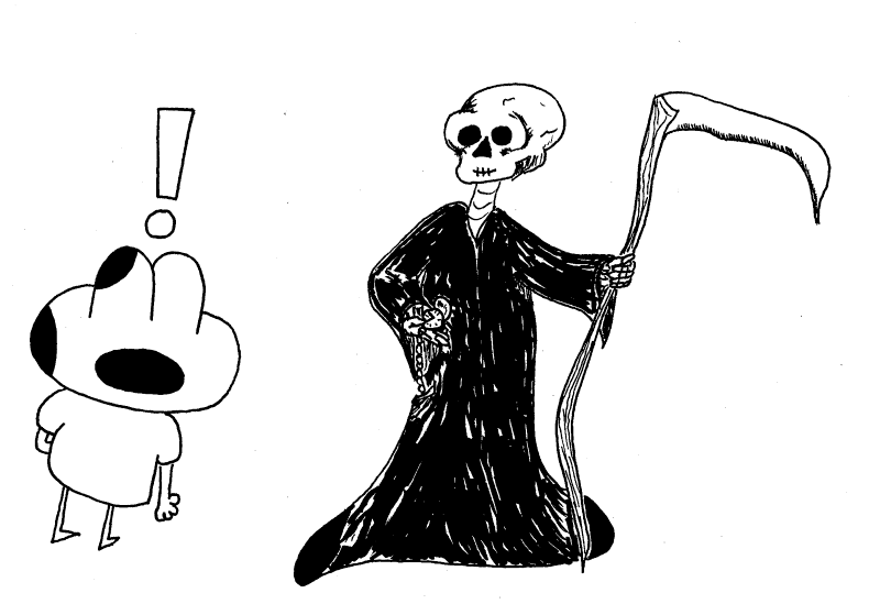 Frog meeting the Grim Reaper.