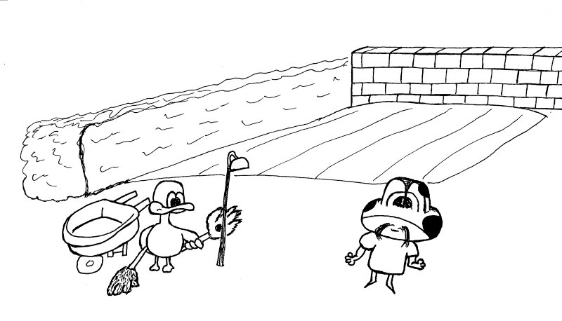 Duck and frog, standing in front of a garden. The duck has bear hands on a stick.