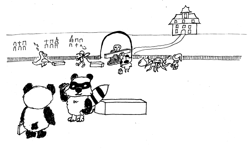 Panda talking to a Raccoon dragging a coffin.