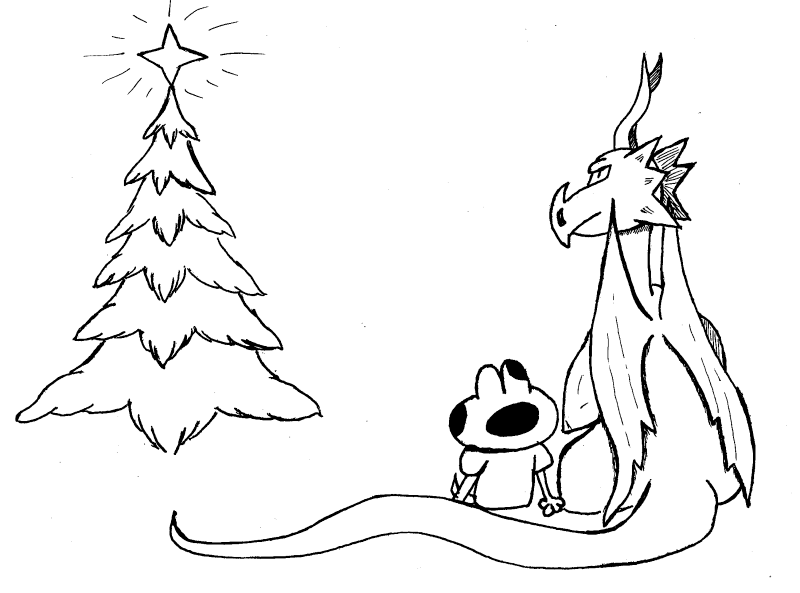 Frog and Dragon gazing at Christmas tree.